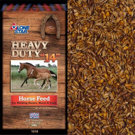 Brown feed bag. Two horses. Lone Star Heavy Duty 14 Horse Feed 1018