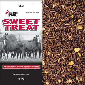 Sweet Feed for horses. Grey and red feed bag.