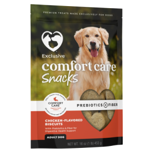 Exclusive Comfort Care Snacks Chicken-Flavored Biscuits. Dog treats in 16-oz pouch. Large, yellow dog.