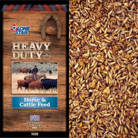 Horse and cattle feed. Brown and blue feed bag. Lone Star 1028