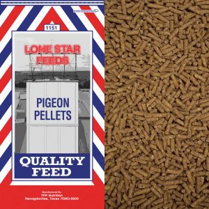 Red, white and blue feed bag. Pelleted feed for Pigeons.