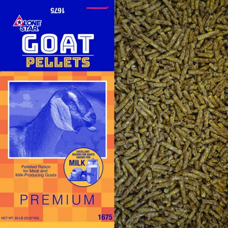 Blue and orange feed bag. Pelleted goat feed. Lone Star Premium Goat feed 1675.