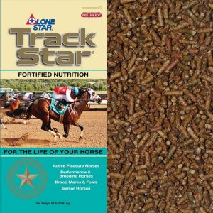 Teal and tan horse feed bag. Food for senior equine. Track Star Senior 1094