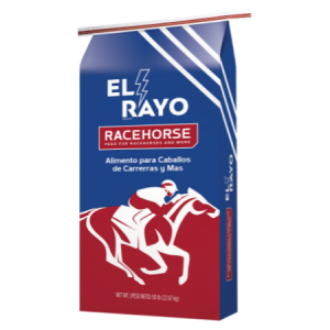 El Rayo Racehorse. 50-lb blue and red feed bag.