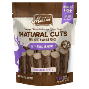 Merrick Natural Cuts With Real Venison - Small. Brown and purple dog treat pouch.