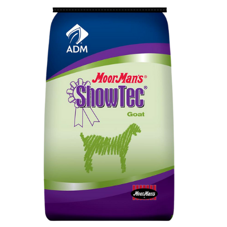 MoorMan’s ShowTec AminoGain Goat 50-lb. Generic green and purple feed bag. ADM show feed for goats.