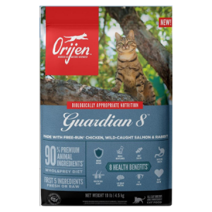 Orijen Guardian 8 Dry Cat Food-10-lb. Blue cat food bag. Cat in tree. WholePrey, grain free cat food.