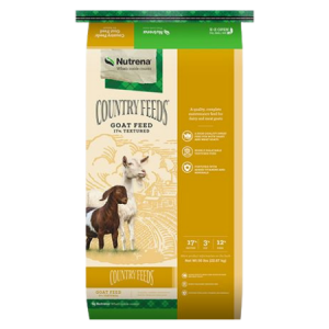 Nutrena Country Feeds 17% Textured Goat Feed. Gold feed bag. Lamb and kid goat.