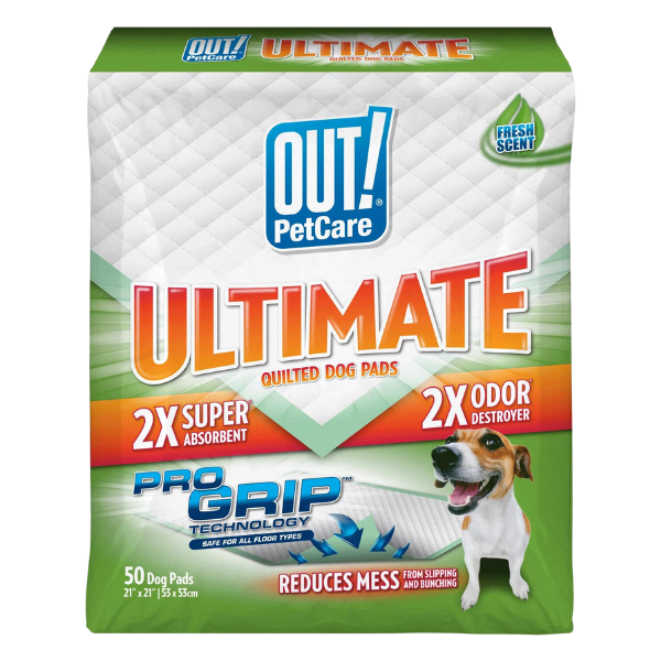 OUT! Ultimate Pro-Grip XL Dog Pads | Absorbent Pet Training and Puppy Pads | Grip Technology Prevents Slipping and Bunching | 50 Pads