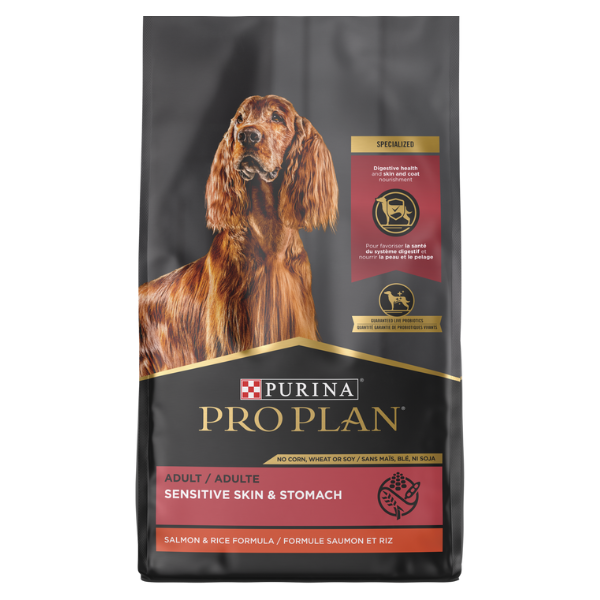 Purina Pro Plan Adult Sensitive Skin & Stomach Salmon & Rice Formula. Dry dog food bag.
