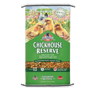 Chickhouse Reserve® Chicken Starter Feed. Green poultry feed bag.