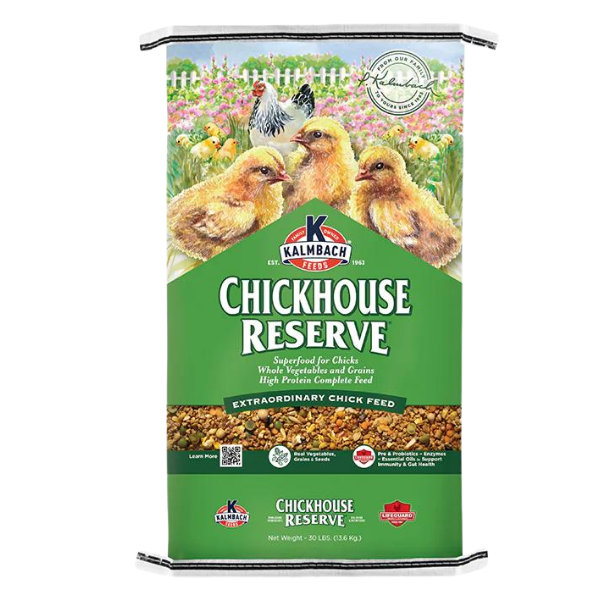 Chickhouse Reserve® Chicken Starter Feed. Green poultry feed bag.