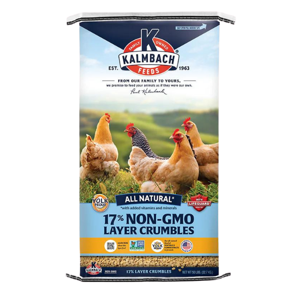 Kalmbach 17% GMO-Free Layer Crumbles for Chickens 50-lb. Blue chicken feed bag.