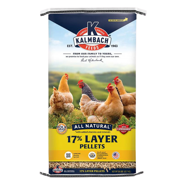 Kalmbach 17% All Natural Layer Pellets for Chickens 50-lb. Yellow feed bag.