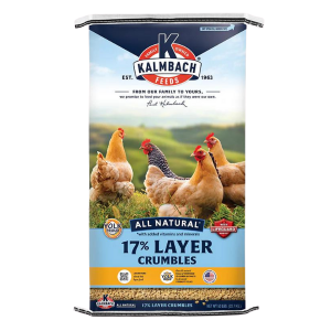 Kalmbach 17% All Natural Chicken Crumbles. Blue poultry feed back featuring layer hens.