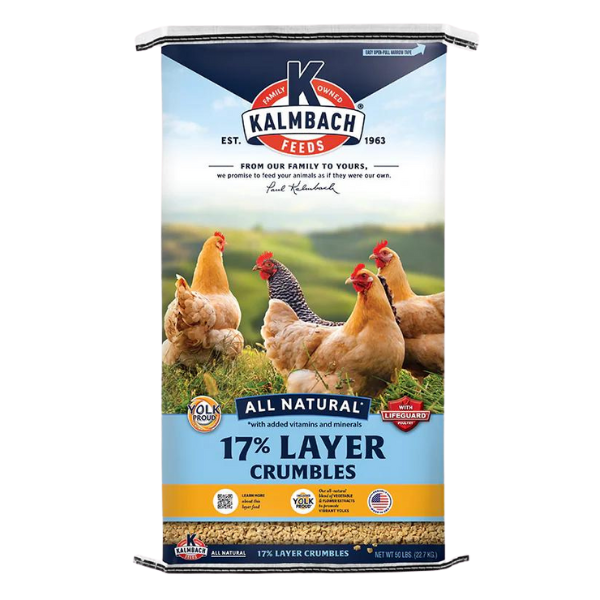 Kalmbach 17% All Natural Chicken Crumbles. Blue poultry feed back featuring layer hens.