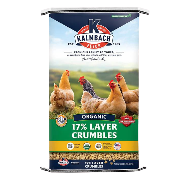 Kalmbach 17% Organic Layer Crumble. Green and gold feed bag.