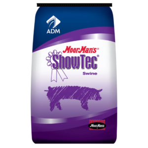 MoorMan’s ShowTec 11% Swine Feed. 50-lb blue and purple feed bag