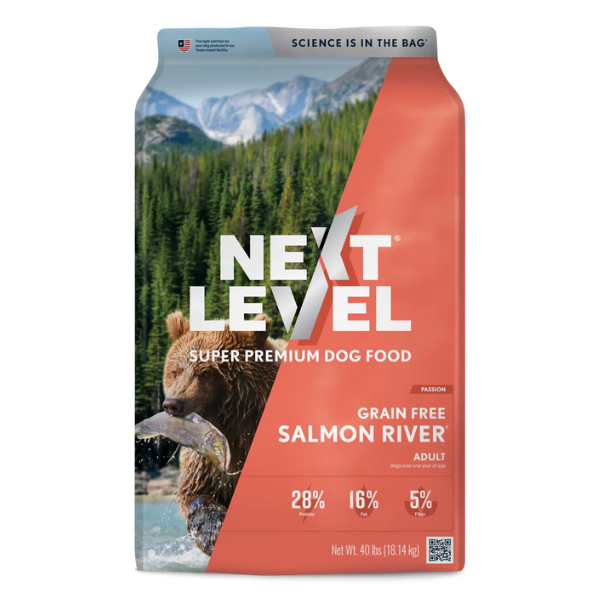 Next Level Grain Free Salmon River. Dry dog food in 40-lb bag.