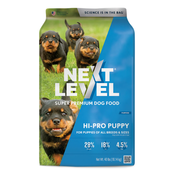 Next Level Hi-Pro Puppy. Blue pet food bag.