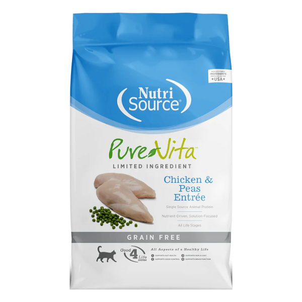 NutriSource PureVita Grain Free Chicken & Peas Entrée. Dry cat food.