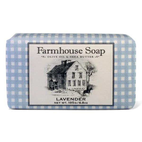 Farmhouse Triple Milled Lavendar Soap. Blue and white farmhouse wrapping.