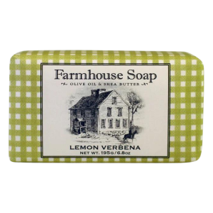 Farmhouse Triple Milled Soap - Lemon Verbena. 6.8-lb bar in green and white farmhouse wrapping.