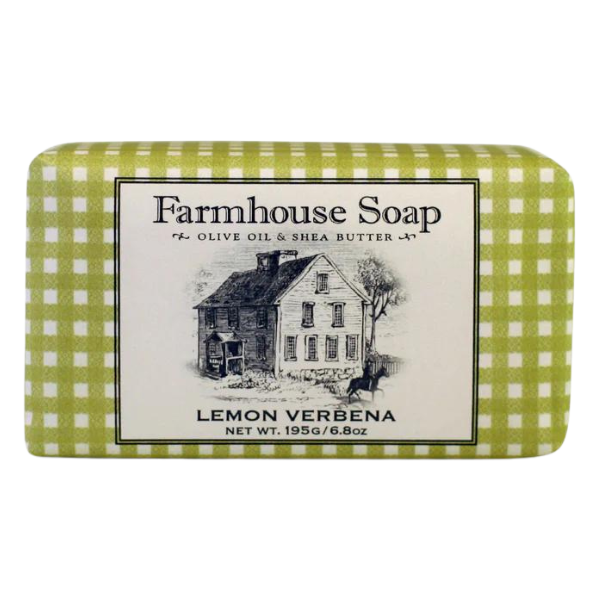 Farmhouse Triple Milled Soap - Lemon Verbena. 6.8-lb bar in green and white farmhouse wrapping.