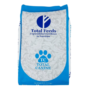 Total Feeds - Total Canine. Blue and white 30-lb dry dog food bag.