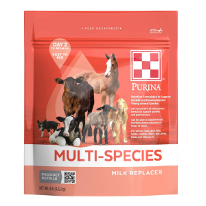 Purina Multi-Species Milk Replacer. Orange 8-lb resealable bag.