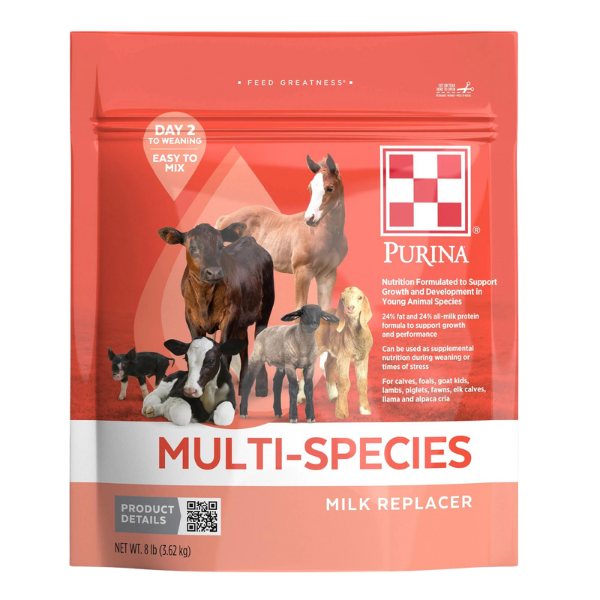 Purina Multi-Species Milk Replacer. Orange 8-lb resealable bag.