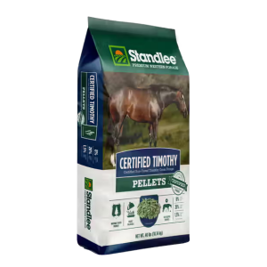 Certified Timothy Grass Pellets 40-lb bag. Green horse feed bag.