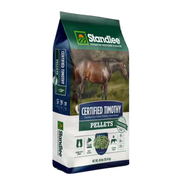 Certified Timothy Grass Pellets 40-lb bag. Green horse feed bag.