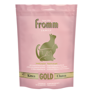 Fromm Kitten Gold 4-lb bag. Pink cat food pouch.