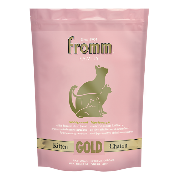 Fromm Kitten Gold 4-lb bag. Pink cat food pouch.