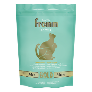 Fromm Adult Gold 4-lb bag. Light green cat food pouch.