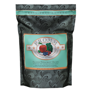 Fromm Four Star Grain-Free Cat Salmon Tunachovy Recipe. Black and teal 4-lb bag.