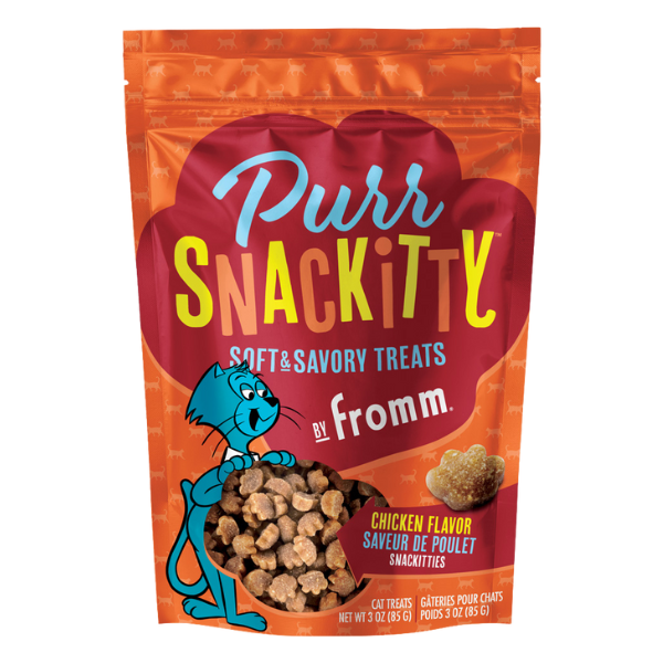 Fromm Purr Snackitty Chicken Flavor. 3-oz orange pouch.