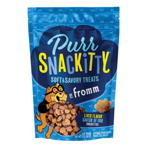 Fromm Purr Snackitty Liver Flavor 3-oz blue pouch.