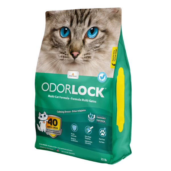 OdorLock® Ultra premium clay litter with calming breeze scent. 25-lb green litter bag.