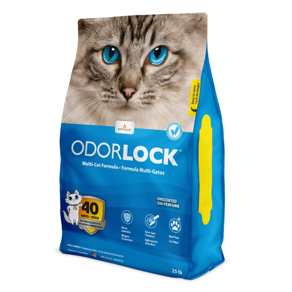 Intersand OdorLock Unscented Ultra Premium Clay Litter. Blue 25-lb bag of cat litter.