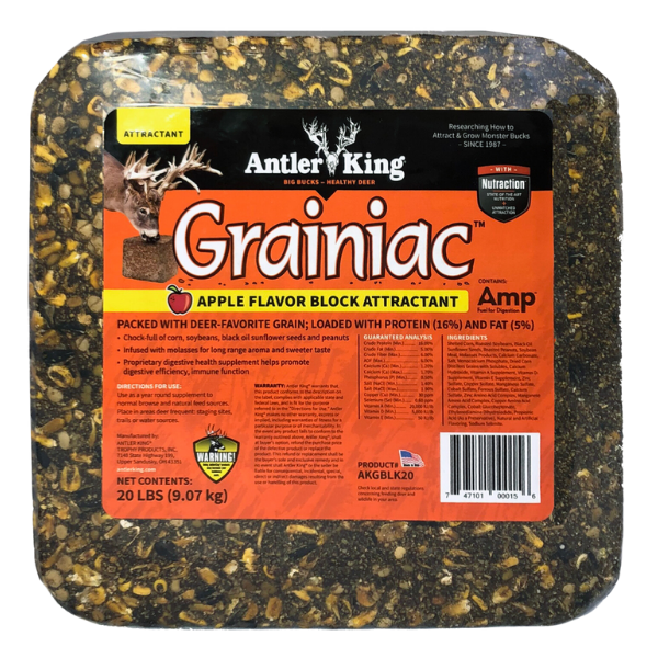 Antler King Grainiac Apple Flavor Block Deer Attractant. Orange labeled compress wildlife block.