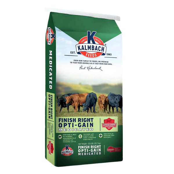 Finish Right® Opti-Gain (Medicated). 50-lb Green Feed Bag.