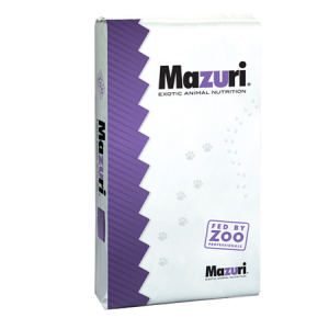 Mazuri Earthworm Diet 5M4X. White and purple generic 25-lb feed bag.