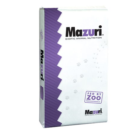 Mazuri Earthworm Diet 5M4X. White and purple generic 25-lb feed bag.