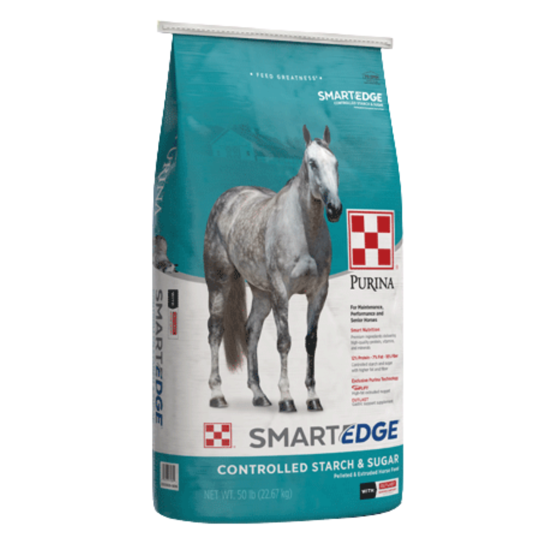 Purina Smart Edge Horse Feed. Teal and White 50-lb bag
