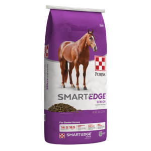 Purina Smart Edge Senior Horse Feed. Purple 50-lb bag.