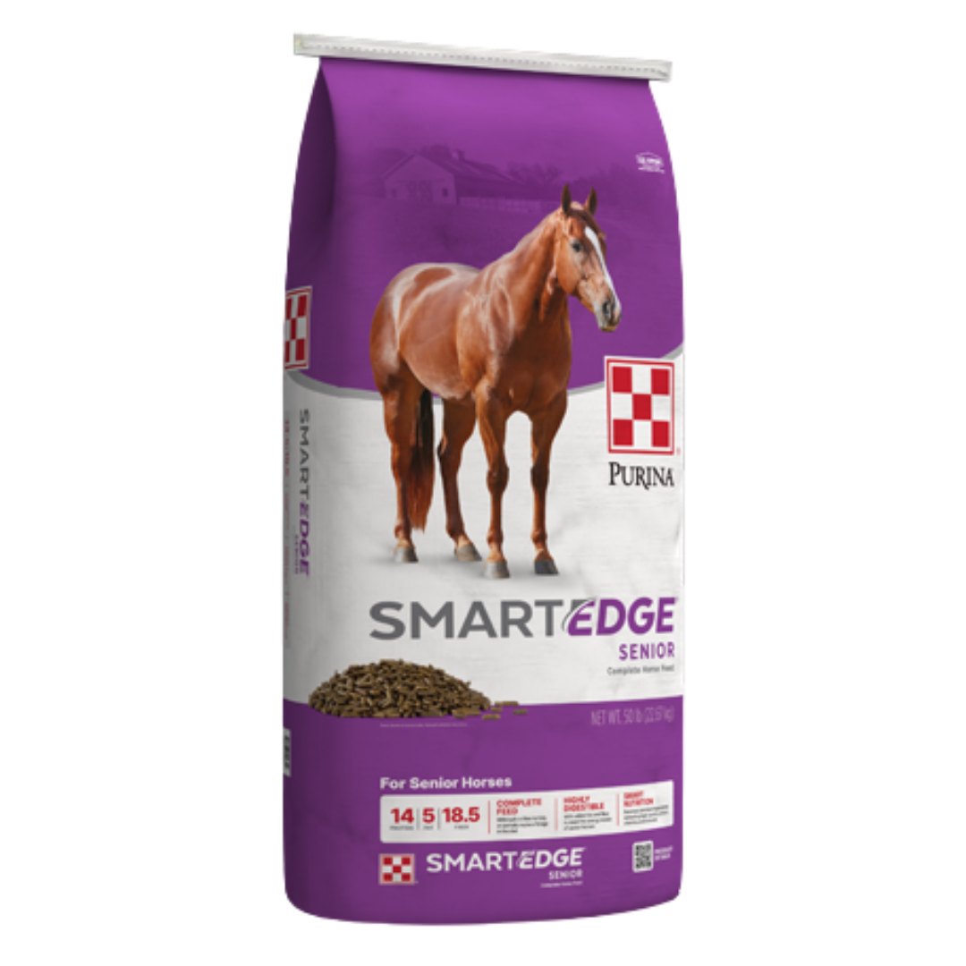 Purina Smart Edge Senior Horse Feed. Purple 50-lb bag.