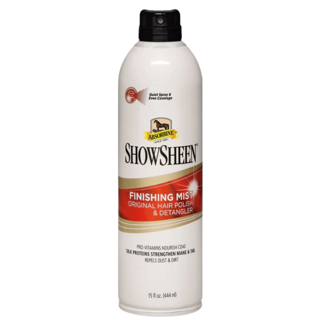 ShowSheen Hair Polish & Detangler Finishing Mist. White 15-oz spray can with black cap.