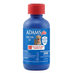 ADAMS™ Plus Pyrethrin Dip for cats and dogs. Blue bottle with red cap.